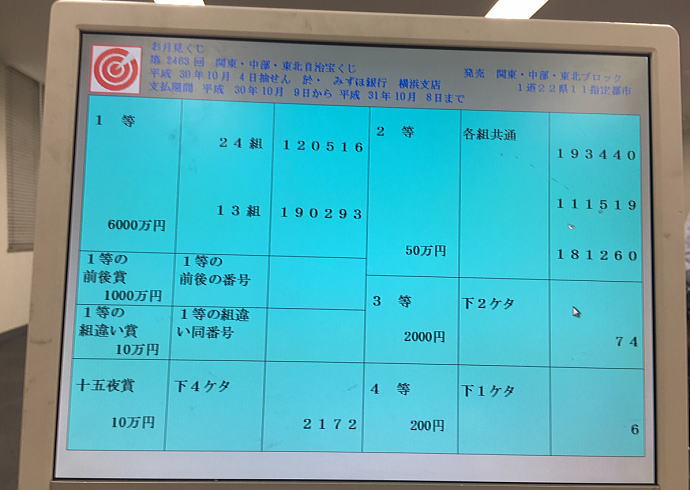 第2463回関東・中部・東北自治宝くじ(お月見くじ)当選番号一覧