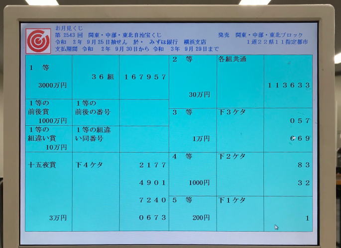 第2543回関東・中部・東北自治宝くじ(お月見くじ)当選番号一覧