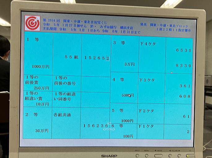 2023年1月20日(金)抽選 第2613回関東・中部・東北自治宝くじ当選番号結果