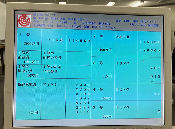 2023年2月3日(金)抽選 第2616回関・中・東当選番号結果