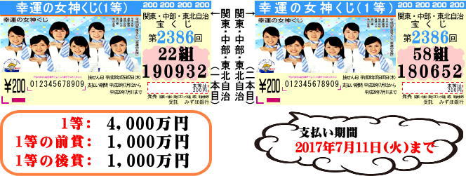 第2386回 関・中・東 幸運の女神くじ 当せん抽せん券