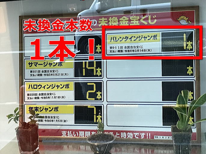 バレンタインジャンボ宝くじ2023の未換金本数