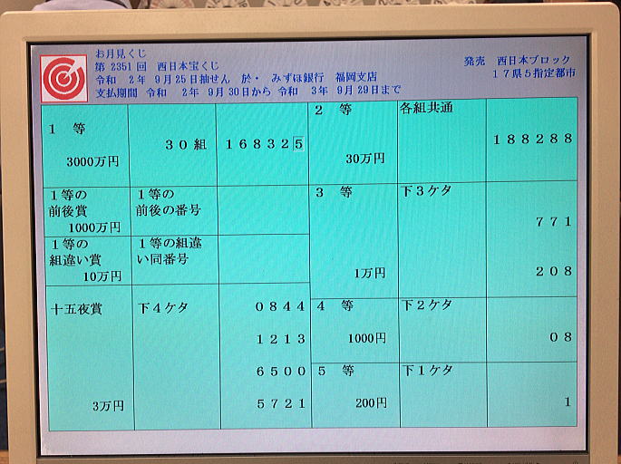 第2351回西日本宝くじ(お月見くじ)当選番号一覧