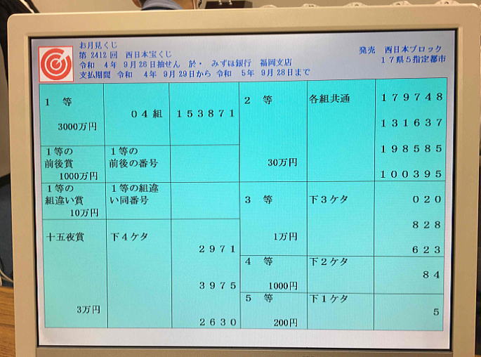 第2412回西日本宝くじ(お月見くじ)当選番号一覧